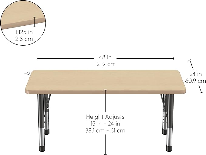 FDP Rectangle Activity School and Kids Classroom Table (24 x 48 inch), Toddler Legs, Adjustable Height 15-24 inches - Maple Top and Maple Edge-Ruum Studio Home