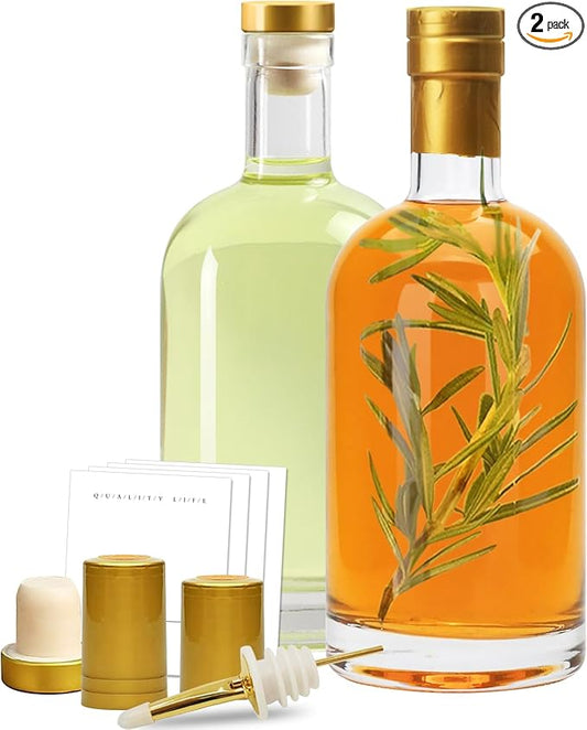 Olive Oil Dispenser Bottle for Kitchen, Clear Glass Oil and Vinegar Dispenser Set, Coffee Syrup Dispenser, Container With Metal Pour Spout, Airtight Lid, Funnel, Waterproof Labels (500ml-s-2 Pack)-Ruum Studio Home