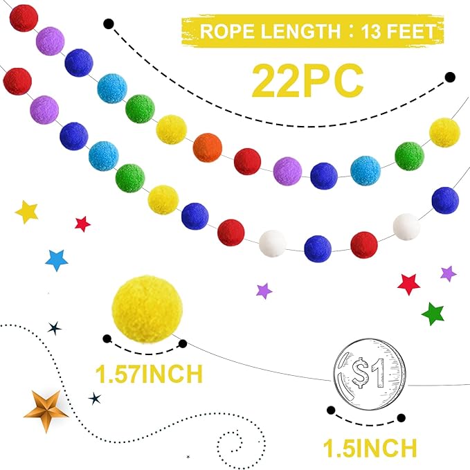 TBD Decor 2pk Rainbow Color Pom Pom Garland 13FT Colorful Large Felt Ball Garland for Mantle,Indoor Holiday Wedding Birthday Party Supplies-Ruum Studio Home