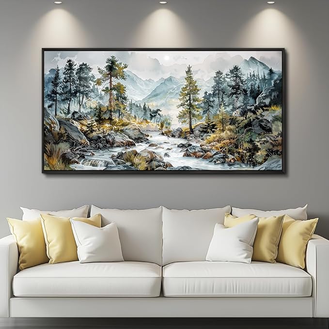 PHAOHUAXM Large Wall Art For Bedroom Wall Decor For Living Room Office Decoration Rivulet View Painting Forest Tree Landscape Watercolour Pictures Canvas Artworks Home Decor Black Framed 24x48 In-Ruum Studio Home