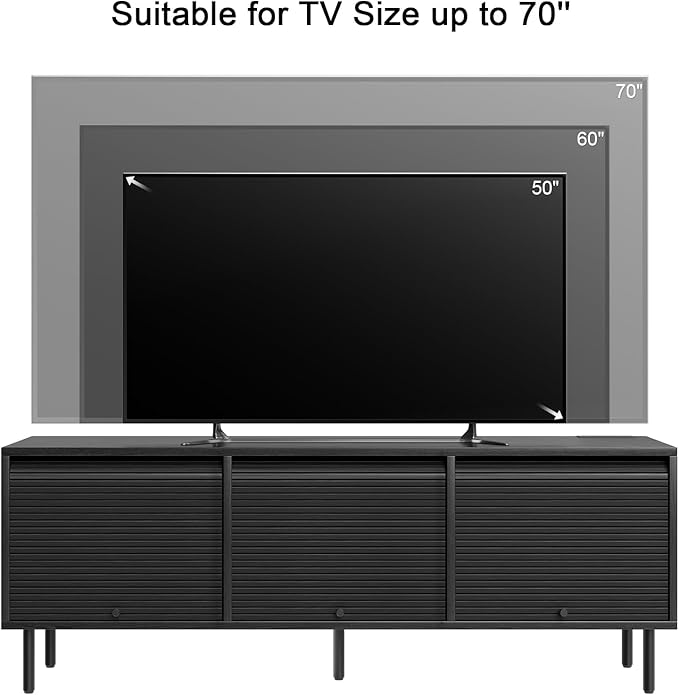 59 Inch TV Stand with Power Outlet for TVs up to 65 Inch, Entertainment Center with Storage, Mid-Century Modern TV Console, Adjustable Shelf & Sliding Doors, TV Stand for Living Room, Bedroom, Black-Ruum Studio Home