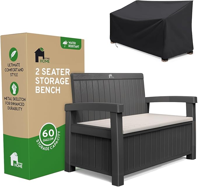 EconoHome 2 Seat Outdoor Storage Bench with Rain Cover - 60 Gallon Capacity - Weatherproof Resin Bench for Patio, Porch, Garden, Yard, Pool Area - Furniture for Pool Accessories, Gardening Tools-Ruum Studio Home