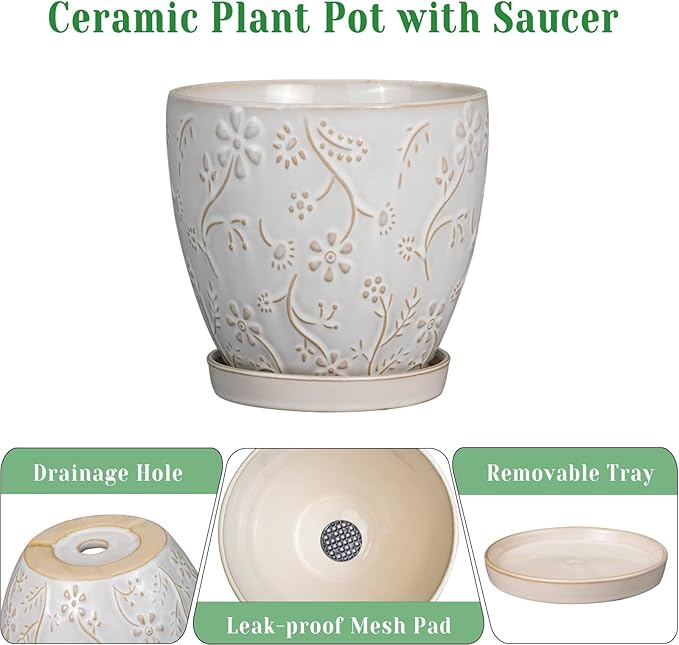6 Inch Ceramic Plant Pot for Indoor Plants Outdoor Round Planter Flower Pot with Drainage Hole and Saucer for Home Garden Office Decor White-Ruum Studio Home