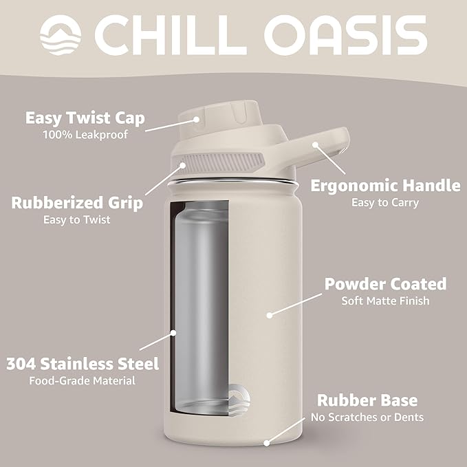 Chill Oasis Water Bottle | Compatible With Popular Flavor Cartridges | BPA Free, Leak Proof, Double-Walled Vacuum Insulated Stainless Steel, and Dishwasher Safe | Cold for 24 Hours (Beige, 12oz)-Ruum Studio Home