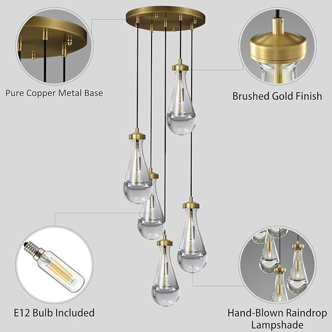 Gold 5 Light Cluster Pendant Lighting, Raindrop Chandeliers Brass Dining Room Lights Fixture, Teardrop Pendant Lights Kitchen Island, Hanging Lamp Ceiling for Entryway Foyer Staircase-Ruum Studio Home