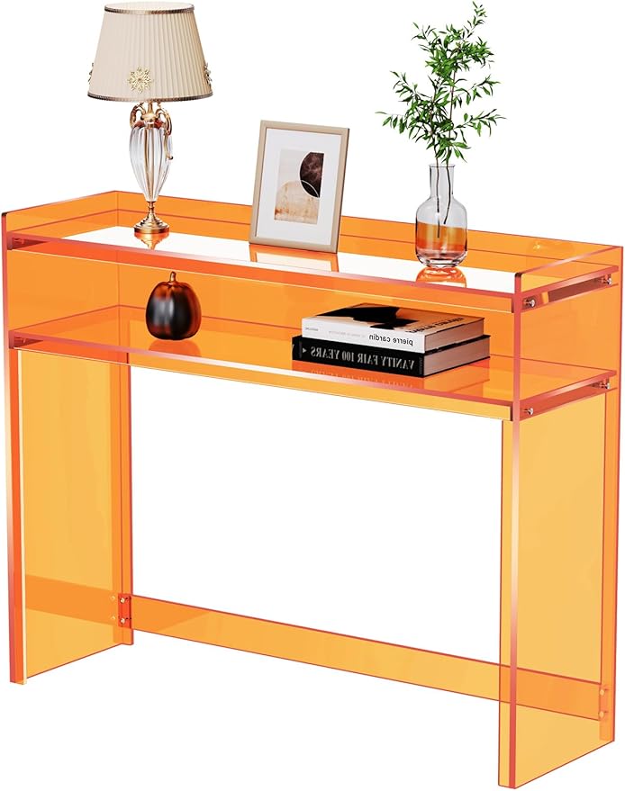 Acrylic Console Table, Entryway Table with Storage Shelves (1, 39.4 * 31.5 * 11.7 inches) (Orange)-Ruum Studio Home