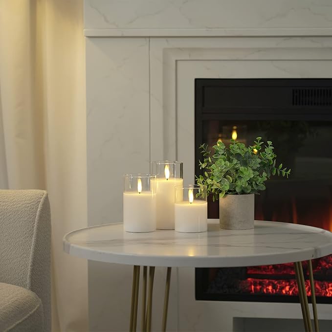 Homemory Clear Glass Flameless Candles, Pure White Wax Battery Operated Candles, LED Pillar Candles with Remote Control and Timers, D3 H4 5" 6", Set of 3-Ruum Studio Home