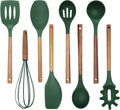 Country Kitchen Non Stick Silicone Utensil Set with Rounded Wood Handles for Cooking and Baking, 8 Piece Set, Green-Ruum Studio Home