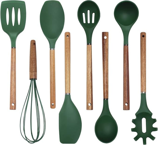 Country Kitchen Non Stick Silicone Utensil Set with Rounded Wood Handles for Cooking and Baking, 8 Piece Set, Green-Ruum Studio Home