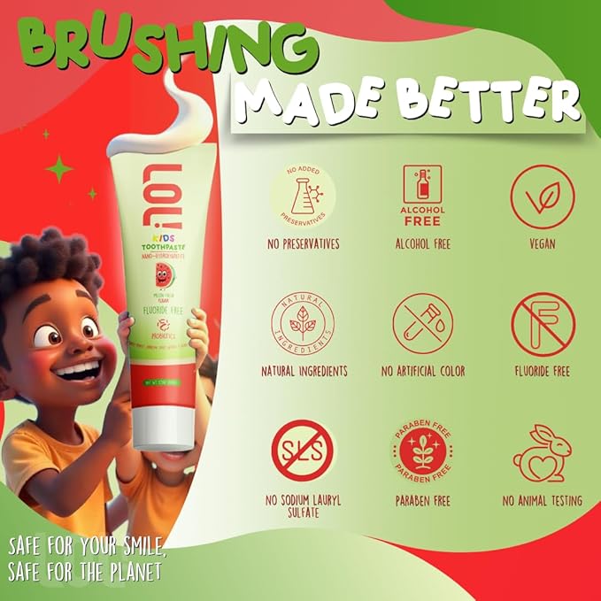 LOL Kids Toothpaste No Fluoride, Nano Hydroxyapatite Toothpaste, Probiotics, Xylitol Tooth Paste Kids | Remineralizing | Natural | Plant-Based Foam | Pasta De Dientes para Niños (Watermelon)-Ruum Studio Home