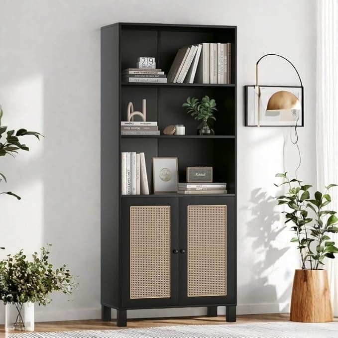 Tall Bookshelf, 5-Tier Book Shelf with 2 Rattan Doors, Freestanding Bookcase Display Shelves with Large Storage, Book Case for Living Room, Office, Study, Bedroom, 70.9 Inch-Ruum Studio Home