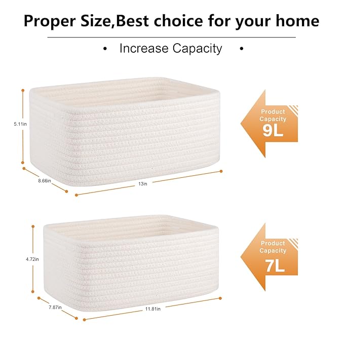 4 Pack Small Storage Shelf Baskets for Organizing, Mini Woven Rope Storage Bins for Towels, Cute Decorative Closet Organizer，Baby Nursery, Gift Empty Baskets -13''Lx8.66''Wx5.11''H-White-Ruum Studio Home