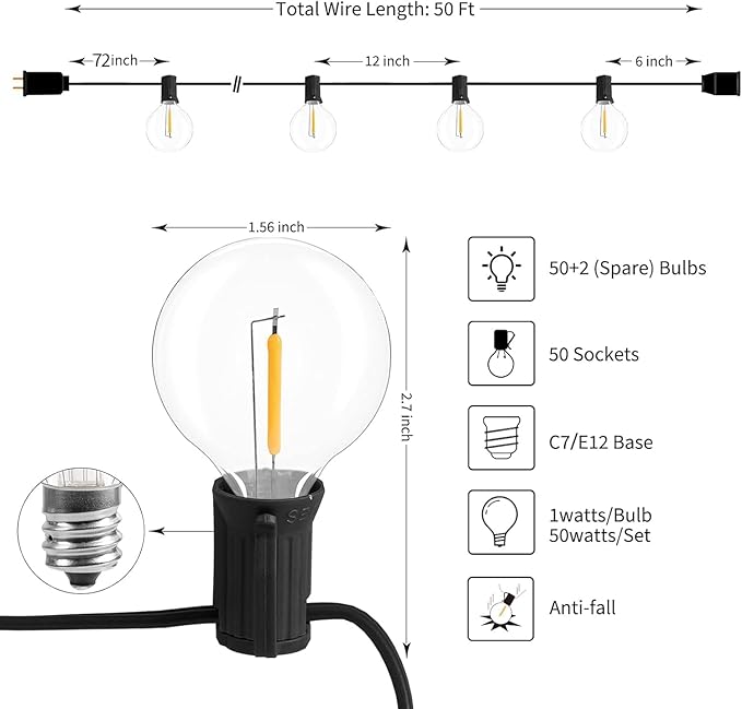 Brightown Led String Lights Outdoor 55Ft G40 Patio Lights with 52 Led Shatterproof Bulbs(2 Spare), Waterproof Led Globe Hanging Lights for Backyard Porch Bistro Balcony Decor, E12 Socket, 2200K-Ruum Studio Home