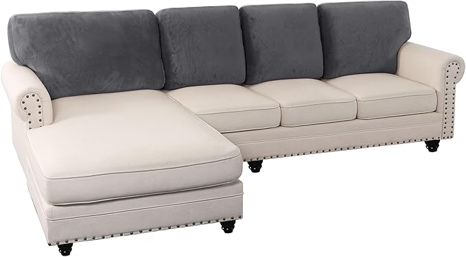 PrinceDeco Sectional Couch Covers Velvet Cushion Covers for Sectional Couch Washable Cushion Covers for Sectional Sofa Pet Friendly Sectional Sofa Slipcovers(1 Chaise Back+ 3 Sofa Back,Grey)-Ruum Studio Home