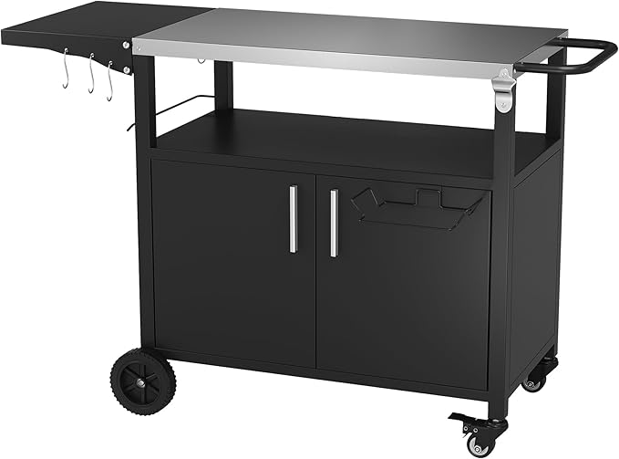 Vongrasig Grill Cart with Storage, Outdoor Bar Cart Rolling BBQ Cart Movable Pizza Oven Table Stand with Foldable Stainless Steel Top & Storage Cabinet, Black-Ruum Studio Home