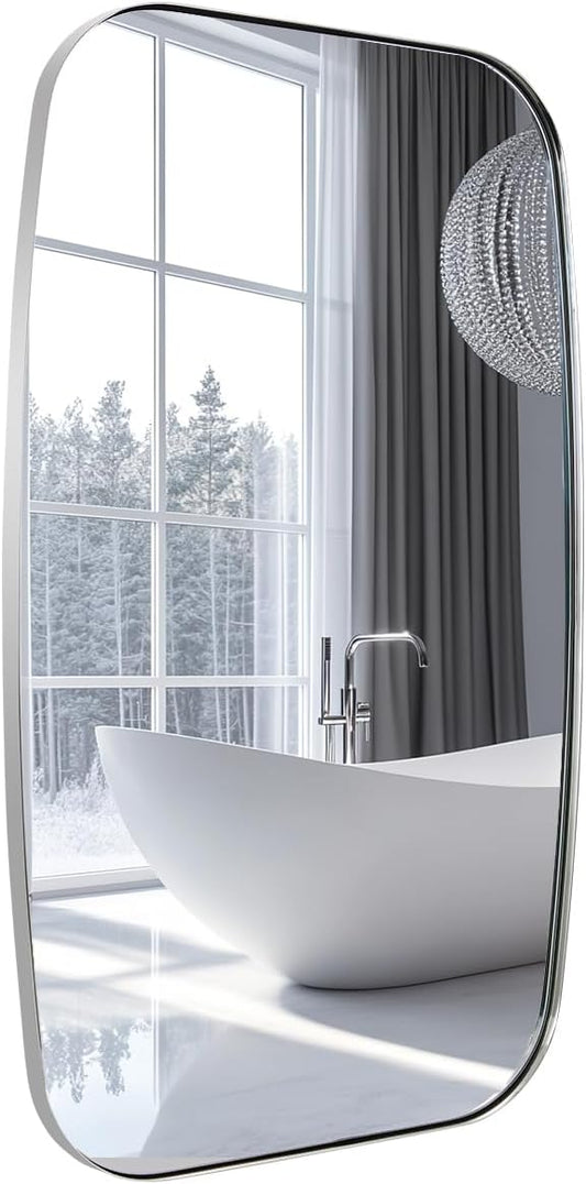 ANDY STAR Chrome Oblong Mirror, 36x48 Inch Polished Chrome Oval Mirror for Bathroom with Stainless Steel Metal Frame, Wall Mouned for Bathroom, Living Room, Entryway-Ruum Studio Home