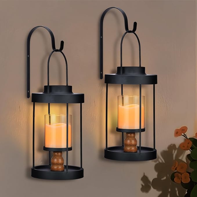 Metal Wall Sconce Candle Lantern Set of 2 - Black Wall Mounted Wood and Metal Hanging Holder with Glass & Candles Vintage Wall Decor for Porch, Living Room, Dining Room, Bedroom Indoor Decor-Ruum Studio Home
