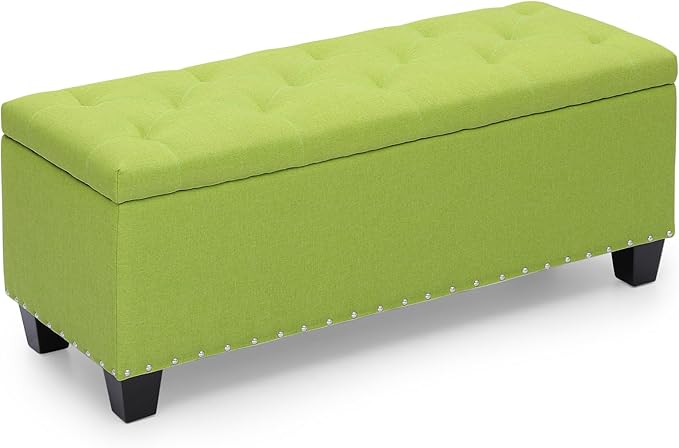 MoNiBloom 42 Inch Long Bench with Storage, Modern 40L Inner Space Green Linen Foot Stool for Bedroom, Upholstered Padded Rectangular Fabric Tufted Bench Footrest with Wood Legs with 660 Lbs Capacity-Ruum Studio Home