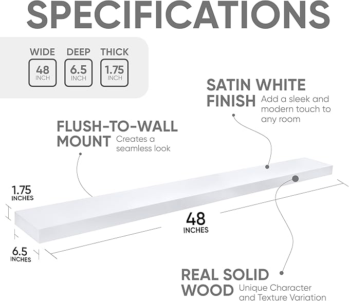 Homeforia White Floating Shelf 48 inches, High End Solid Real Wood 48inch Long Floating Shelves for Wall Mounted, White Wooden 48in Floating Shelves, Heavy Duty Bracket, 48 X 6.5 X 1.75 inch, Set of 2-Ruum Studio Home
