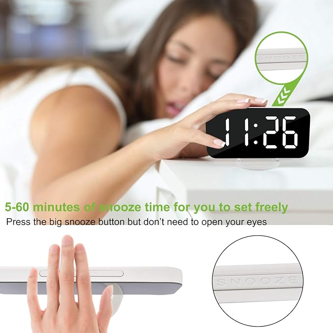 SZELAM Digital Clock Large Display, LED Electric Alarm Clocks Mirror Surface for Makeup with Diming Mode, 3 Levels Brightness, Dual USB Ports Modern Decoration for Home Bedroom Decor-White (001)-Ruum Studio Home