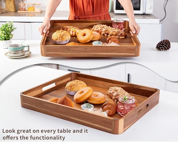 Large Wooden Ottoman Tray, Great 22"x18" Rectangle Trays for Big Ottoman Counter, Huge Kitchen Wood Serving Tray Round Corner, Living Room Coffee Table Decor Centerpiece Organizer Trays-Ruum Studio Home