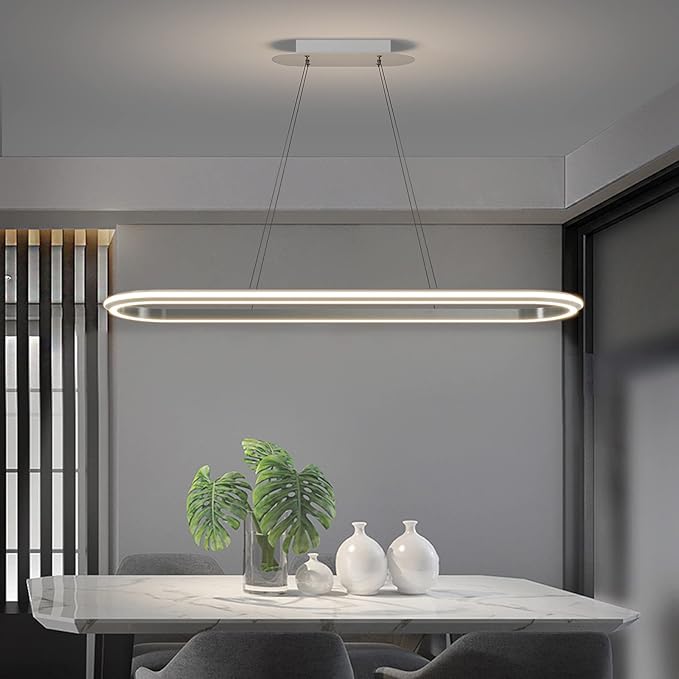 Island Lights, Linear Pendant Light LED Dimmable Hanging Light Fixture, 3000K-6000K with Remote Control,Chandeliers for Dining Room‎(Silver,43.3IN)-Ruum Studio Home