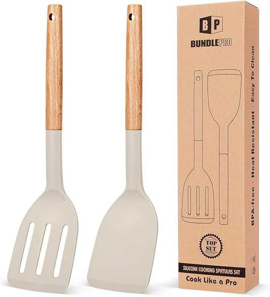 Pack of 2 Silicone Cooking Spatula, Heat Resistant Solid Turner, Non Stick Slotted Spatulas with Wooden Short Handle,Ideal Wood Kitchen Utensils Set for Frying, Baking, Flipping, Turning-Ruum Studio Home