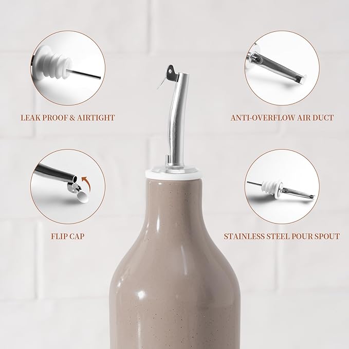famiware Milkyway 16oz Ceramic Olive Oil Dispenser Bottle, Olive Oil and Vinegar Dispenser Bottle Set of 2 with Stainless Steel Pourers, Suitable for Storage Vinegar, Liquids, White and Cinnamon Brown-Ruum Studio Home
