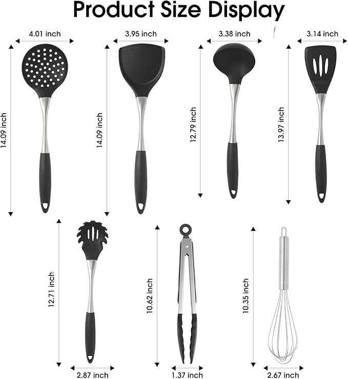 Premium Black Silicone Cooking Utensils Set - Non-Toxic, Heat Resistant& Non-Stick Kitchen Utensils Set with Spatula, Spoon, Whisk, Tongs, BPA Free, Dishwasher Safe, Black-Ruum Studio Home