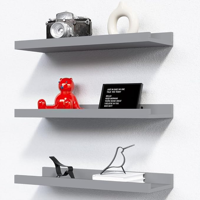 RICHER HOUSE 3 Set Floating Shelves for Wall, Black Wall Mounted Shelves with Lip for Storage, Display Picture Ledge Shelf for Bedroom Bathroom Kitchen Living Room Decor, Modern Grey-Ruum Studio Home