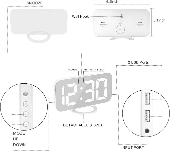 SZELAM Digital Alarm Clock,LED RGB Colorful Clocks,with Mirror Surface Large Display,2 USB Charger Ports,Auto Dimming,Modern Desk Clock for Bedroom Home Office Decor- White-Ruum Studio Home