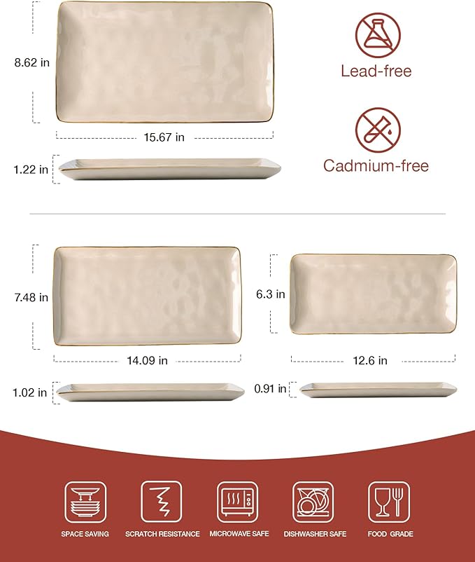 famiware Serving Platter, Rectangular 15.67/14.1/12.6 inch Serving Dishes for Entertaining, Microwave Dishwasher Safe, Stonware Serving Trays for Party, Turkey, Cheese, Ocean Series, Cinnamon Brown-Ruum Studio Home