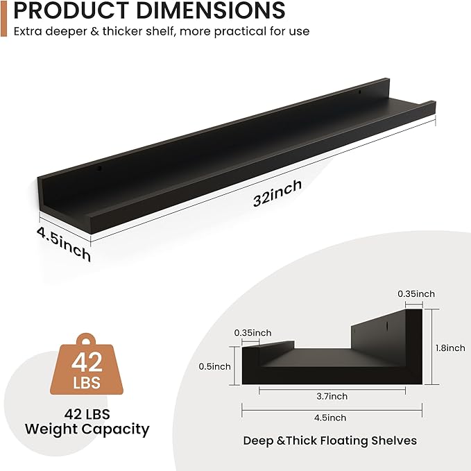 Fun Memories Picture Ledge Shelves Set of 2, 32 Inch Rustic Wall Mounted Floating Shelves with Lip for Home Storage and Décor in Bathroom, Kitchen, Nursery, Bedroom, Living Room, Black-Ruum Studio Home