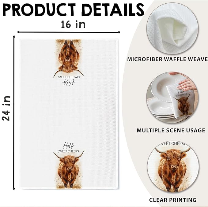 Highland Cow Farmhouse Hand Towels for Bathroom Kitchen Decor | Waffle Weave Microfiber Dish Towel Set | Hello Sweet Cheeks Farmhouse Cow Decorative - A01-Ruum Studio Home
