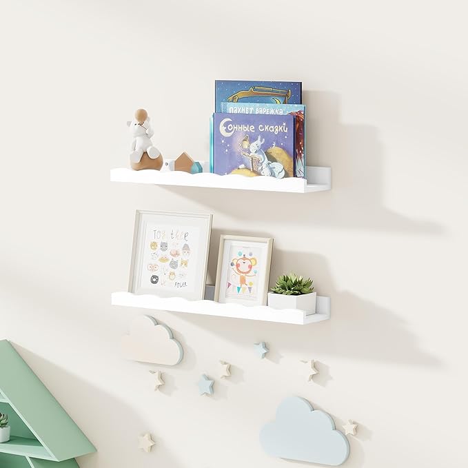 Fun Memories Picture Ledge Shelf for Wall, 24 inch Pine Wood Nursery Book Shelves Set of 2- Wall Book Shelves for Kids Room, Home Decor - Kitchen Spice-White-Ruum Studio Home