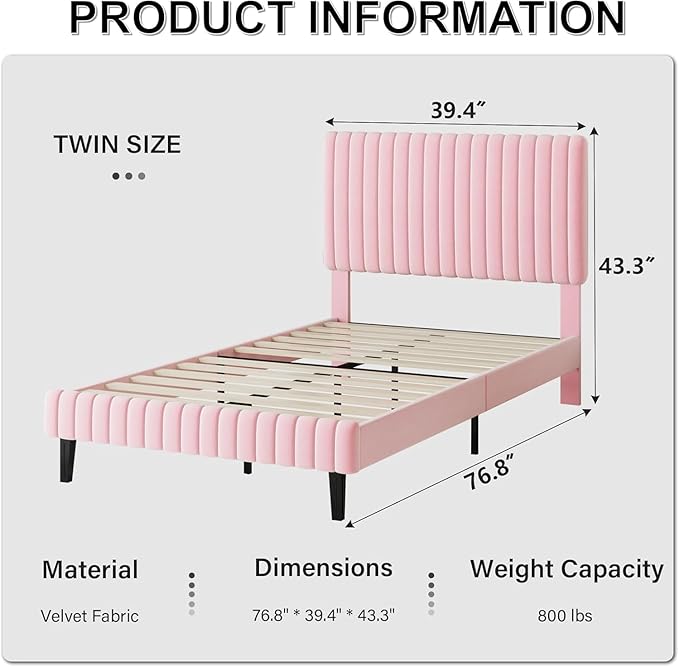 Twin Size Bed Frame, Velvet Upholstered Platform Bed with Vertical Channel Tufted Headboard and Footboard, No Box Spring Required, Easy Assembly, Pink-Ruum Studio Home