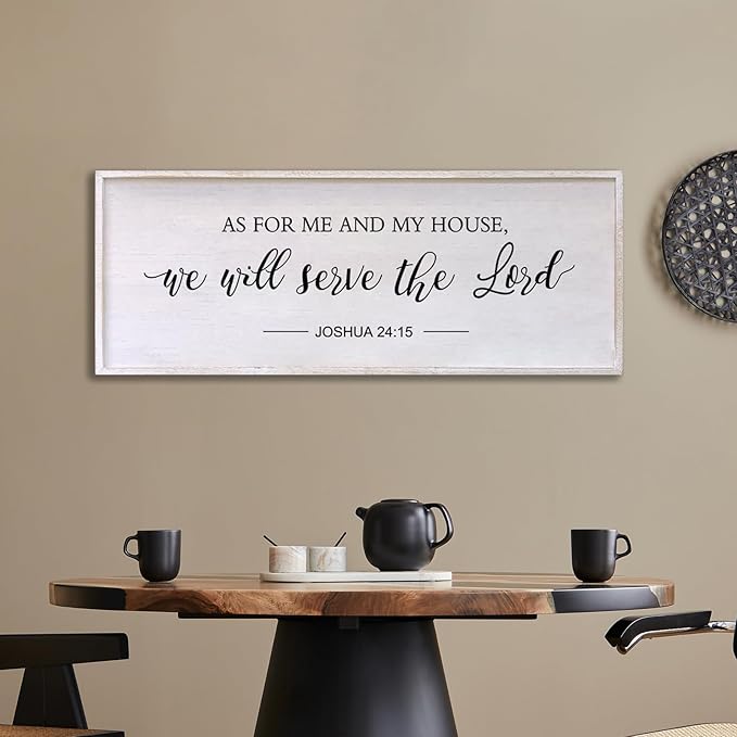 As for Me and My House We Will Serve the Lord Wall Decor - 32" x 12" Large Rustic Family Living Room Wood Framed Home Sign Joshua 24 15 Christian Bible Verse Plaque Hanging Wall Art(White)-Ruum Studio Home