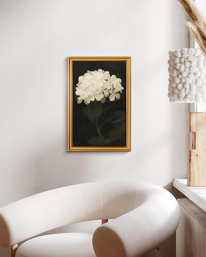HUARCEY Gold Framed Vintage Wall Art for Living Room, Flowers Painting Canvas Prints Shelf Decor for Kitchen, Aesthetic Bedroom Wall Art, Christmas Gifts for Friends Family (White Hydrangea 16"x24")-Ruum Studio Home