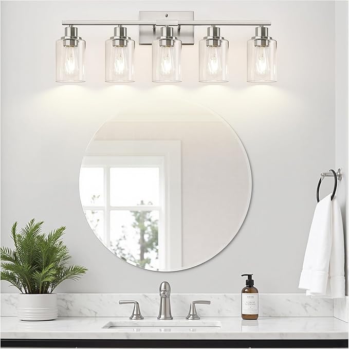 5-Light Bathroom Light Fixtures, Brushed Nickel Bathroom Vanity Light with Clear Glass Shades, Modern Bathroom Wall Lamp for Mirror Living Room Cabinet Bedroom Porch-Ruum Studio Home