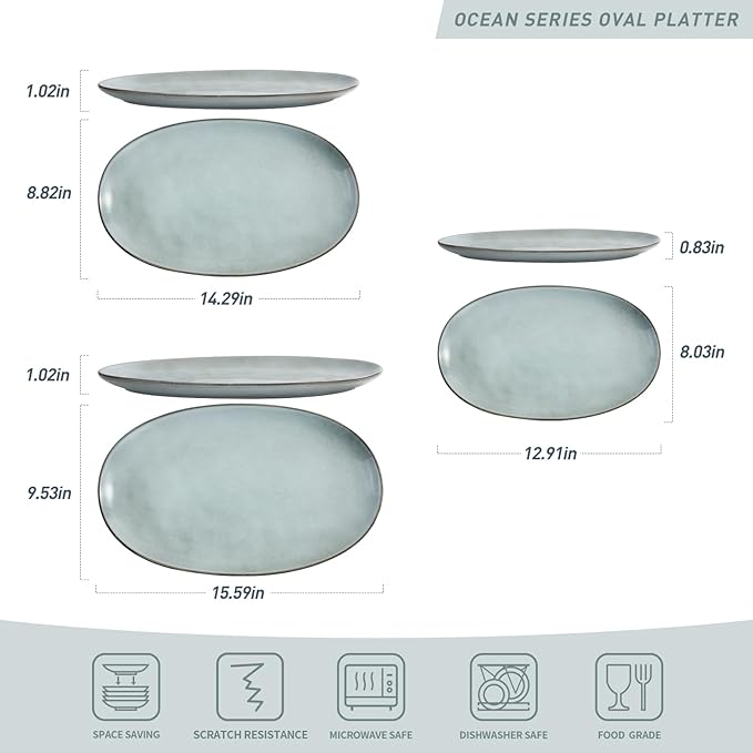 famiware Serving Platter, Oval 15.59/14.3/12.9inch Serving Dishes for Entertaining, Serving Bowls, Reactive Glaze, Stoneware Serving Trays for Party, Food, Turkey, Cheese, Ocean Series, Grey-Ruum Studio Home