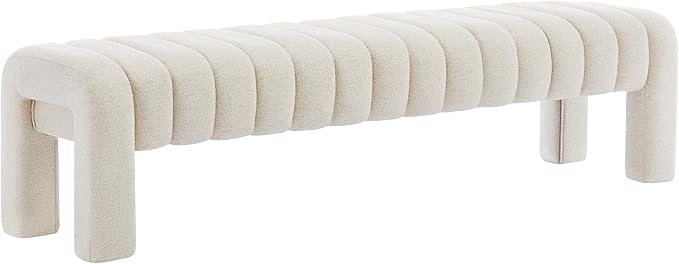 63" Bedroom Bench, Upholstered Entryway Bench, Modern End of Bed Ottoman with Solid Wood Legs and Adjustable Foot Pegs for Entryway, Dining Room and Living Room (Beige Linen)-Ruum Studio Home