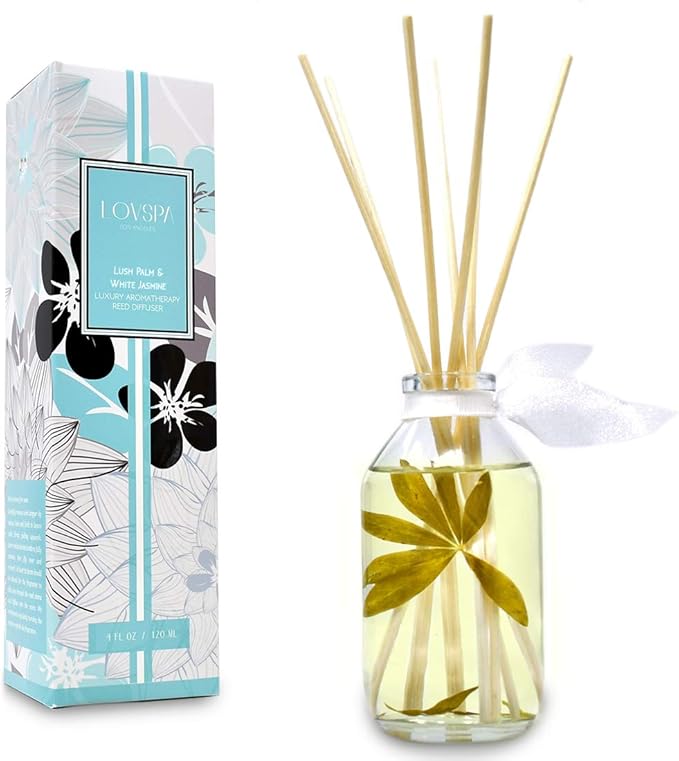 LOVSPA Reed Diffuser Set, Lush Palm & Jasmine Scented Oil Diffuser with Sticks, Home Fragrance Accessories for Bathroom Shelf Decor, Aroma Diffusers for Home or Office Desk, USA Made-Ruum Studio Home