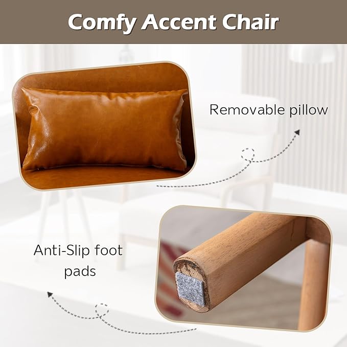 INZOY Mid Century Modern Accent Chair Set of 2, High Back Reading Armchair with Wood Frame, PU Leather Living Room Chairs with Waist Cushion, Single Lounge Arm Chair for Bedroom Sunroom, Camel-Ruum Studio Home