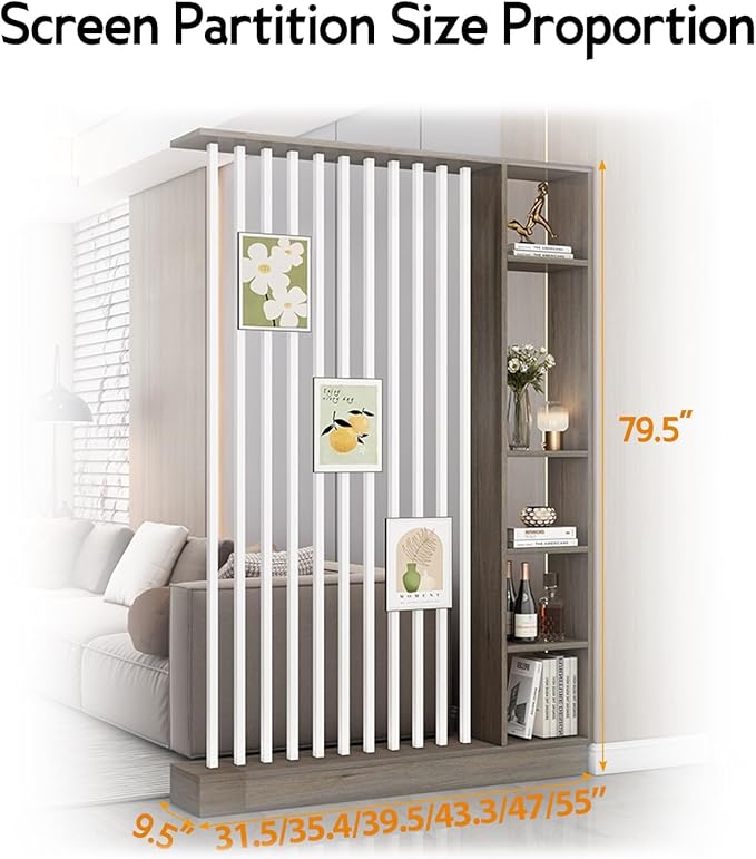 Wall Room Divider, Storage Cabinet Storage Display with Shelves, Modern Freestanding Wood Room Divider Screen, Wall Privacy Screens for Home Decorative (Grey Oak+White,39.5" L x 9.5" W x 79.5" H)-Ruum Studio Home