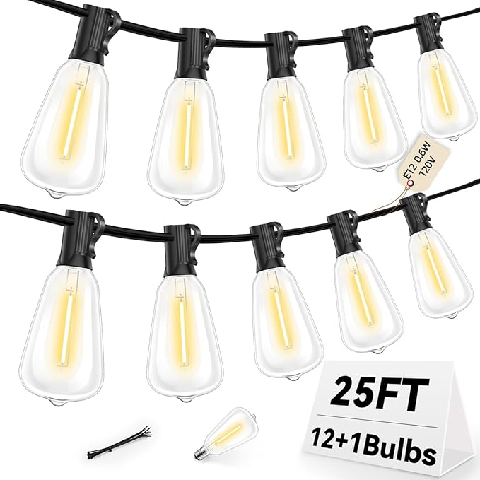 ST38 Outdoor String Lights 25FT with 12+1 LED Bulbs, E12 Socket, Waterproof Commercial Grade, 2700K Warm White for Garden, Backyard, Bistro, Patio, Porch, Deck, Gazebo, Wedding Decor-Ruum Studio Home