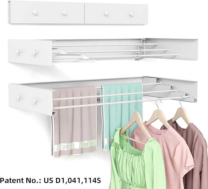 Wall Mounted Drying Rack for Laundry 19.8'', Folding Drying Rack Clothing Wall Mount with 3 Rods and 4 Hooks, Space Saving for Indoor Outdoor Bathroom Balcony (White, 19.8'')-Ruum Studio Home