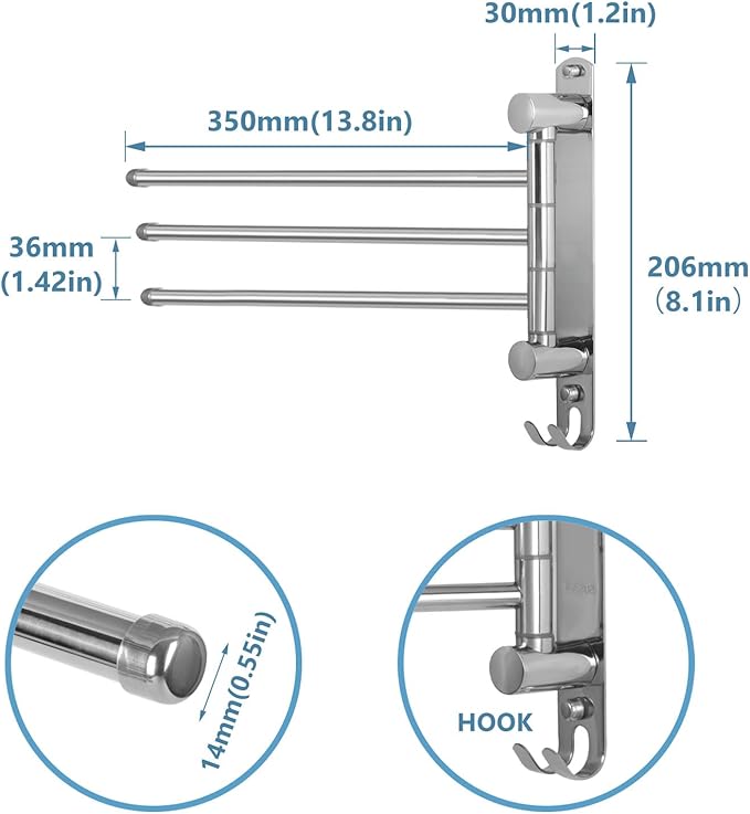 Towel Rack Wall Mounted JSVER 3 Arms Bathroom Towel Rack, 180° Rotation Space Saving Towel Holder for Bathroom-Ruum Studio Home