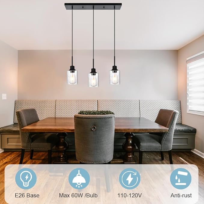 Modern 3-Light Pendant Island Light Fixture Black Ceiling Hanging Lights with Clear Seeded Glass and Adjustable Cord,Industrial Pendant Lighting for Kitchen Living Room Dining Room Foyer-Ruum Studio Home