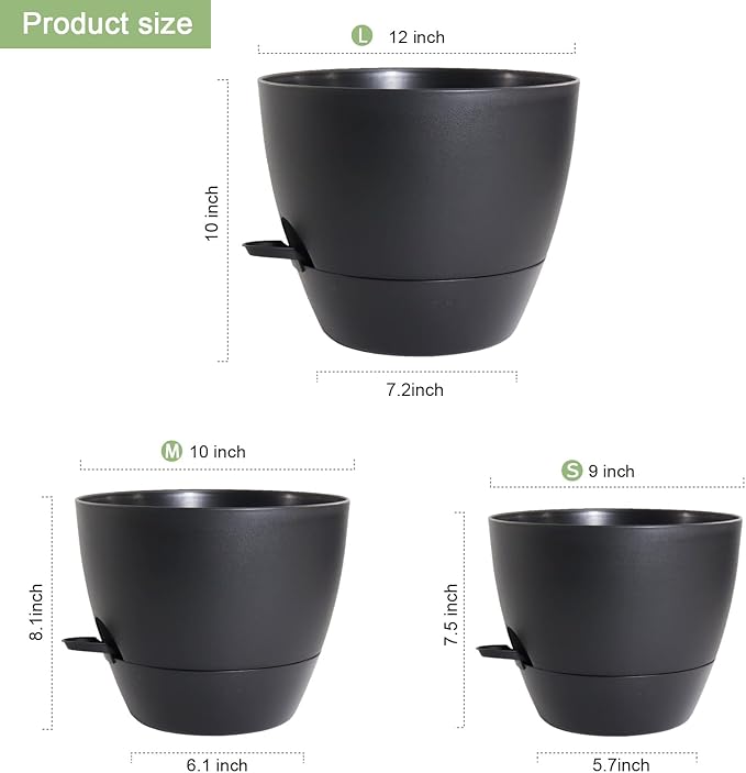 12/10/9 inch Large Self Watering Pots, Planter, Plant Pots with Mesh Drainage Holes for Indoor Outdoor Garden Plants, Plastic Flower Pots with Removable Deep Reservoir, Black-Ruum Studio Home