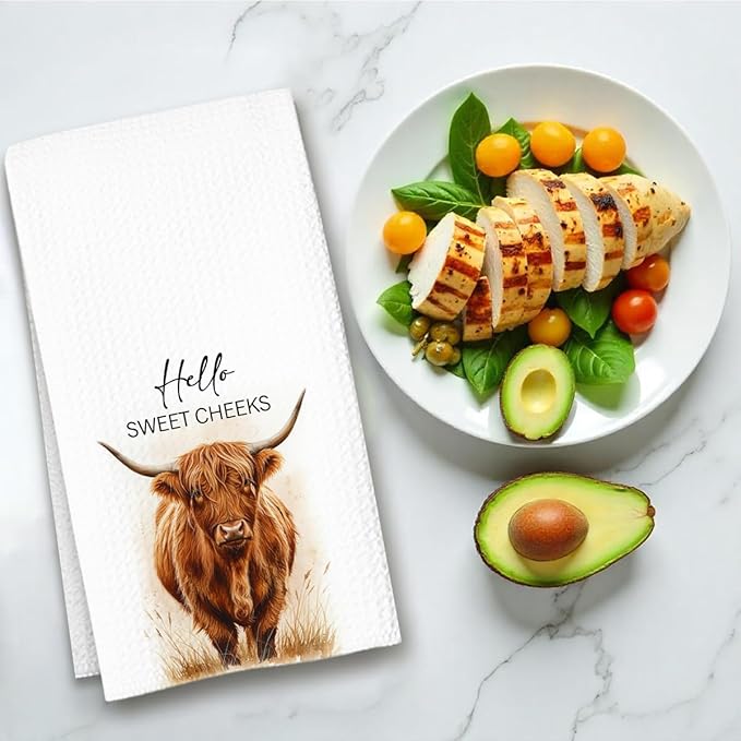 Highland Cow Farmhouse Hand Towels for Bathroom Kitchen Decor | Waffle Weave Microfiber Dish Towel Set | Hello Sweet Cheeks Farmhouse Cow Decorative - A01-Ruum Studio Home